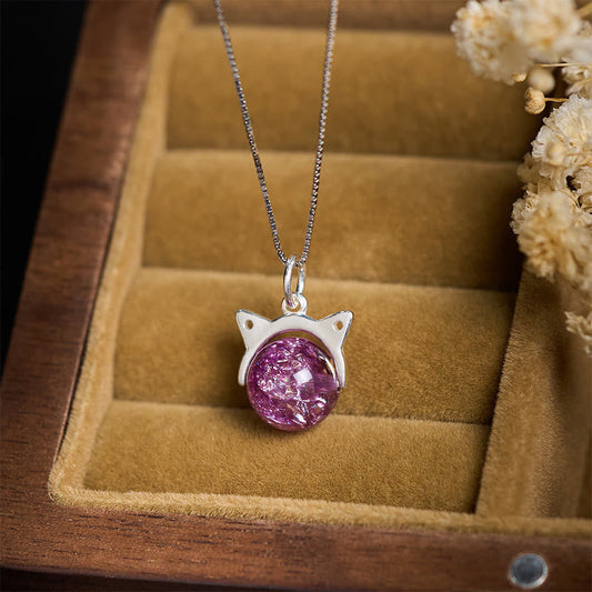 Buddha Stones 925 Sterling Silver Natural Light Purple Fireworks Super Seven Crystal Cat Necklace Pendant
