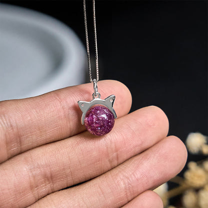 Buddha Stones 925 Sterling Silver Natural Light Purple Fireworks Super Seven Crystal Cat Necklace Pendant
