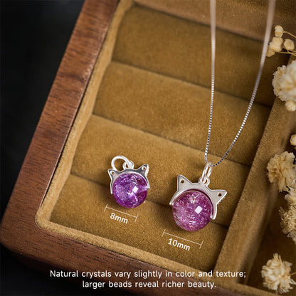 Buddha Stones 925 Sterling Silver Natural Light Purple Fireworks Super Seven Crystal Cat Necklace Pendant