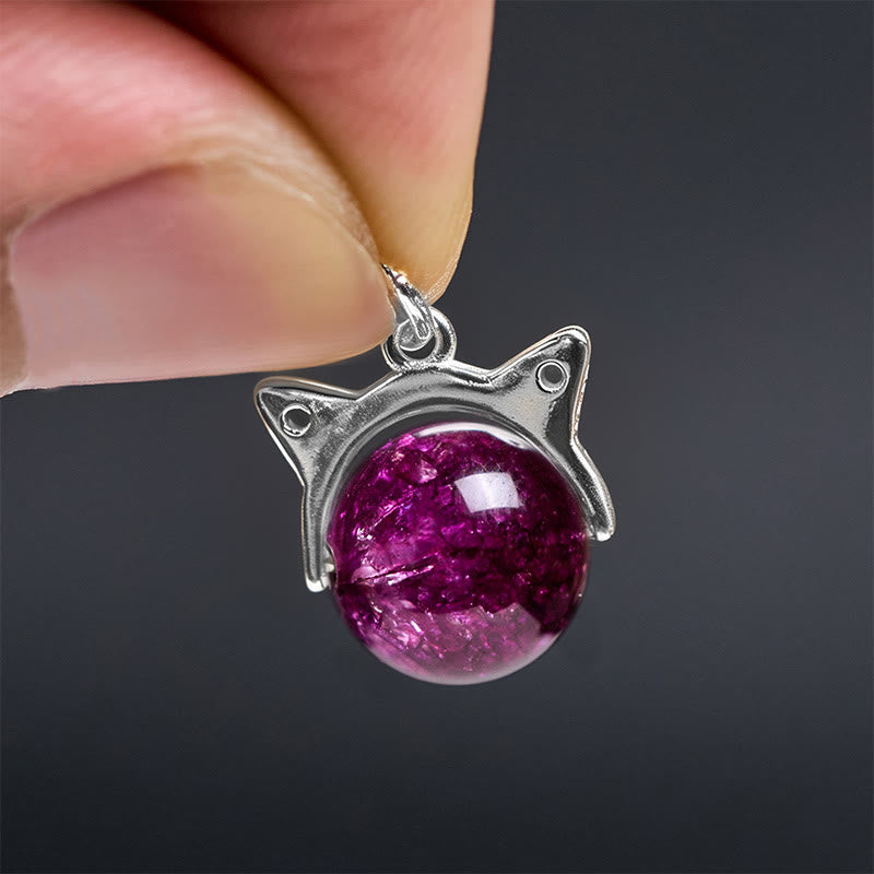 Buddha Stones 925 Sterling Silver Natural Deep Purple Fireworks Super Seven Crystal Cat Necklace Pendant
