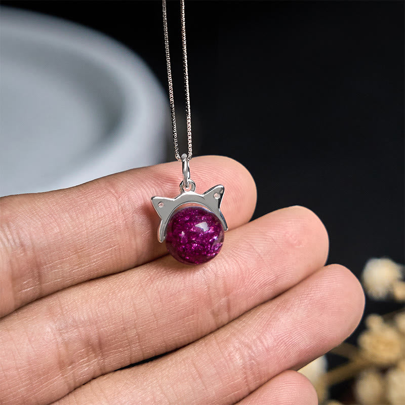 Buddha Stones 925 Sterling Silver Natural Deep Purple Fireworks Super Seven Crystal Cat Necklace Pendant