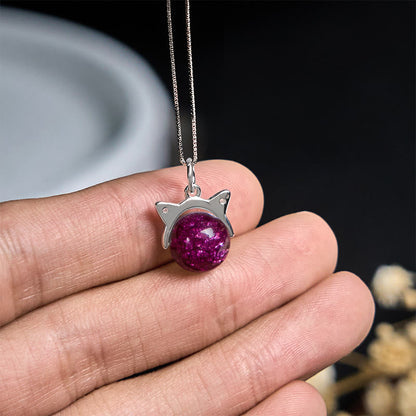 Buddha Stones 925 Sterling Silver Natural Deep Purple Fireworks Super Seven Crystal Cat Necklace Pendant