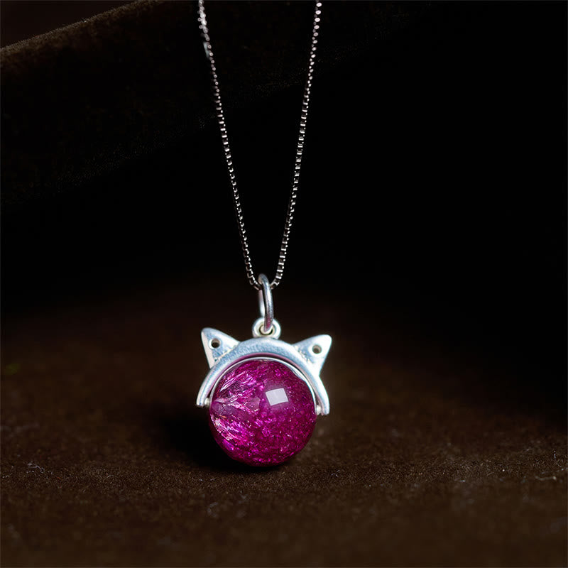 Buddha Stones 925 Sterling Silver Natural Deep Purple Fireworks Super Seven Crystal Cat Necklace Pendant