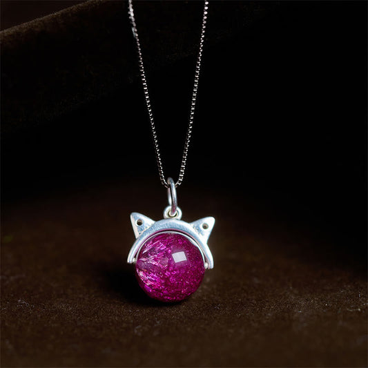 Buddha Stones 925 Sterling Silver Natural Deep Purple Fireworks Super Seven Crystal Cat Necklace Pendant