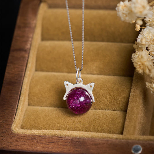 Buddha Stones 925 Sterling Silver Natural Deep Purple Fireworks Super Seven Crystal Cat Necklace Pendant