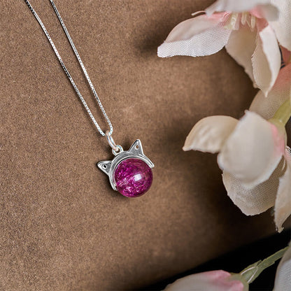 Buddha Stones 925 Sterling Silver Natural Deep Purple Fireworks Super Seven Crystal Cat Necklace Pendant