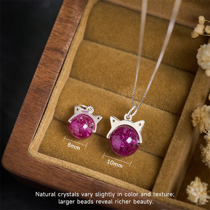 Buddha Stones 925 Sterling Silver Natural Deep Purple Fireworks Super Seven Crystal Cat Necklace Pendant