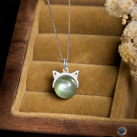 Buddha Stones 925 Sterling Silver Natural Green Lepidolite Cat Protection Necklace Pendant