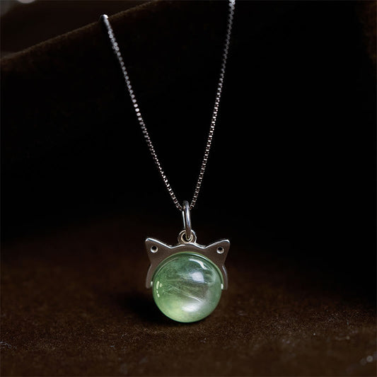 Buddha Stones 925 Sterling Silver Natural Green Lepidolite Cat Protection Necklace Pendant