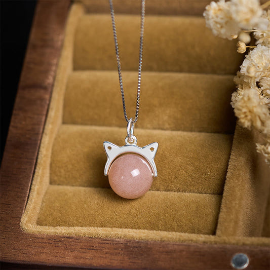 Buddha Stones 925 Sterling Silver Natural Orange Moonstone Cat Healing Necklace Pendant