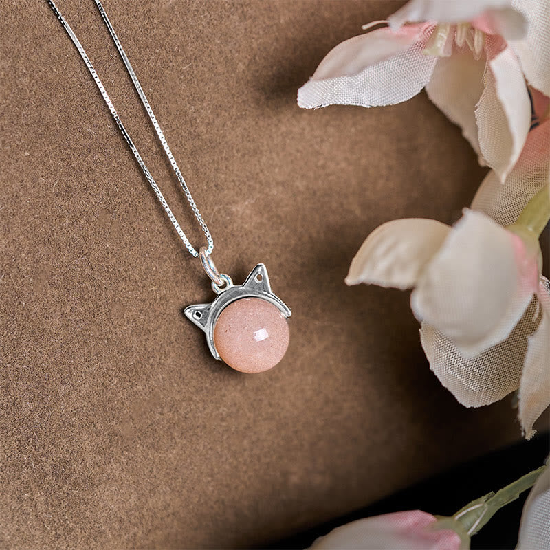 Buddha Stones 925 Sterling Silver Natural Orange Moonstone Cat Healing Necklace Pendant