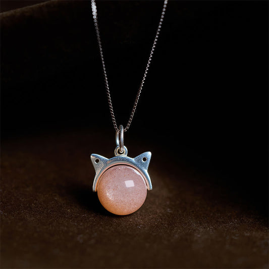 Buddha Stones 925 Sterling Silver Natural Orange Moonstone Cat Healing Necklace Pendant