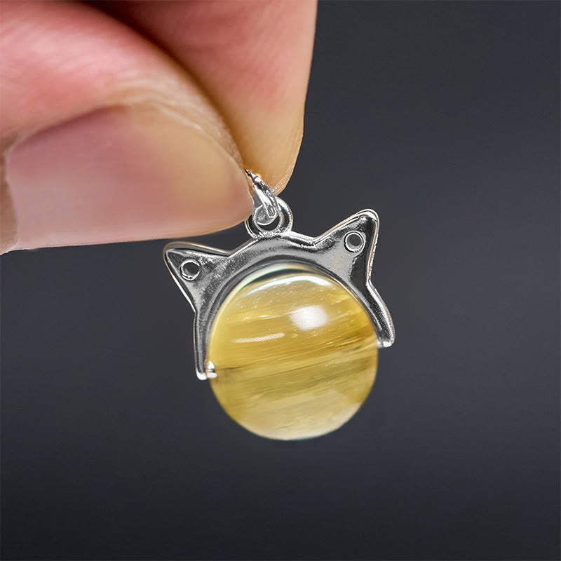 Buddha Stones 925 Sterling Silver Natural Golden Lepidolite Cat Prosperity Necklace Pendant