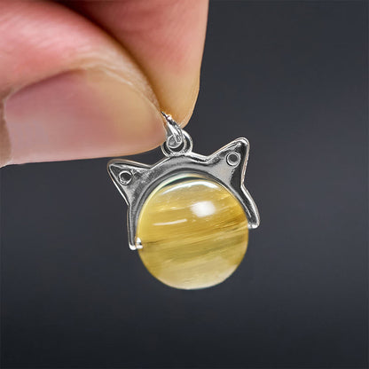 Buddha Stones 925 Sterling Silver Natural Golden Lepidolite Cat Prosperity Necklace Pendant