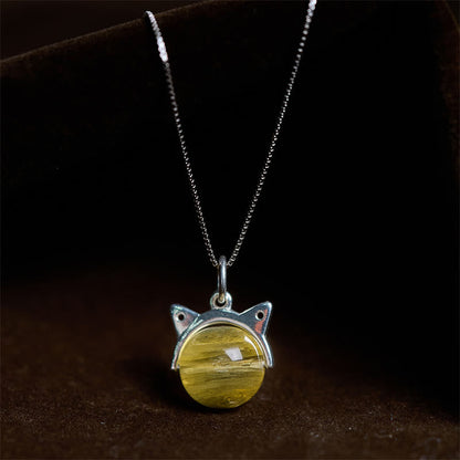 Buddha Stones 925 Sterling Silver Natural Golden Lepidolite Cat Prosperity Necklace Pendant