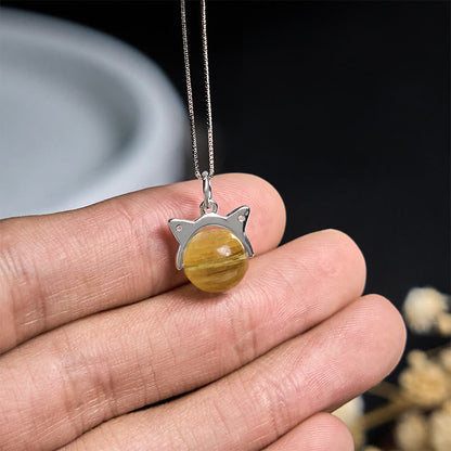Buddha Stones 925 Sterling Silver Natural Golden Lepidolite Cat Prosperity Necklace Pendant