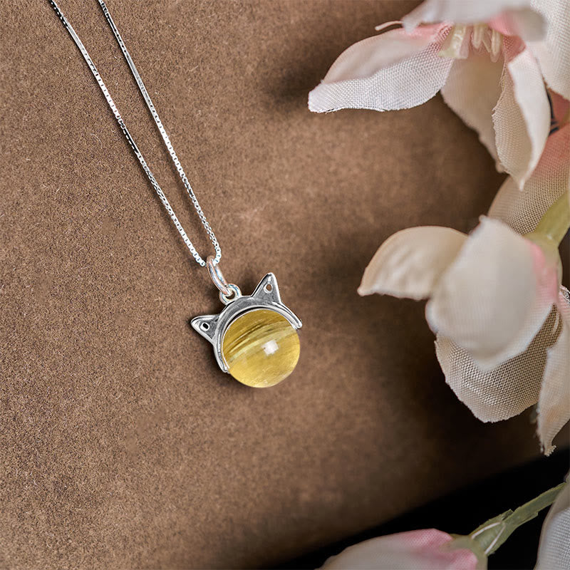 Buddha Stones 925 Sterling Silver Natural Golden Lepidolite Cat Prosperity Necklace Pendant