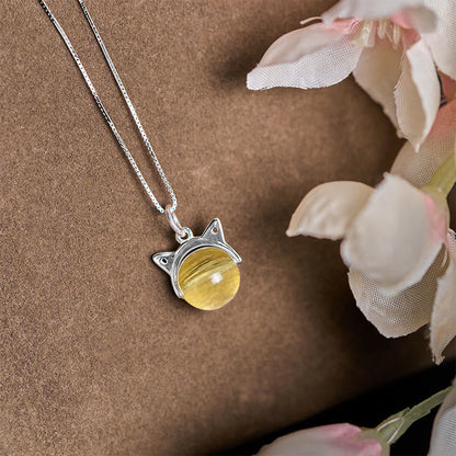Buddha Stones 925 Sterling Silver Natural Golden Lepidolite Cat Prosperity Necklace Pendant