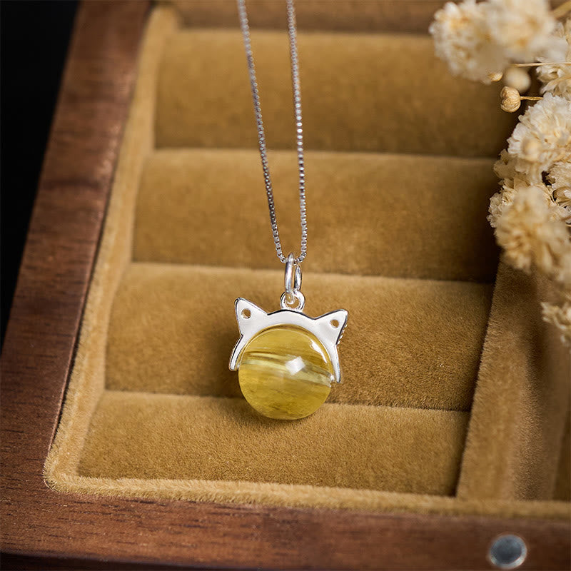 Buddha Stones 925 Sterling Silver Natural Golden Lepidolite Cat Prosperity Necklace Pendant