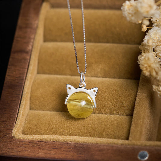 Buddha Stones 925 Sterling Silver Natural Golden Lepidolite Cat Prosperity Necklace Pendant