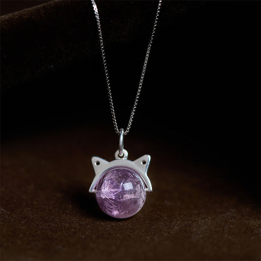 Buddha Stones 925 Sterling Silver Natural Rainbow Amethyst Cat Positive Necklace Pendant
