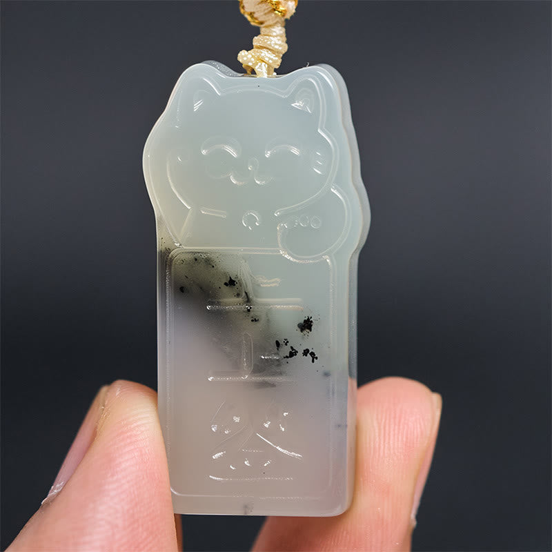 Buddha Stones Natural Xiuyan Jade Cat Rope Necklace Pendant
