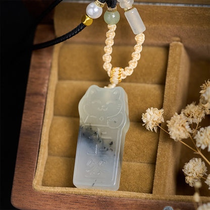 Buddha Stones Natural Xiuyan Jade Cat Rope Necklace Pendant