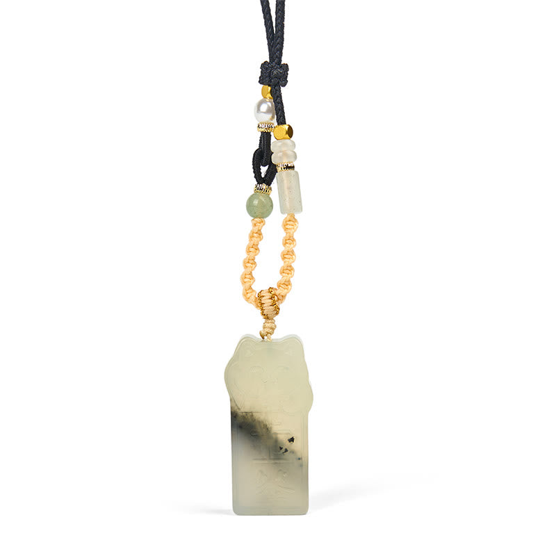 Buddha Stones Natural Xiuyan Jade Cat Rope Necklace Pendant