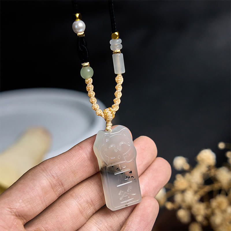 Buddha Stones Natural Xiuyan Jade Cat Rope Necklace Pendant