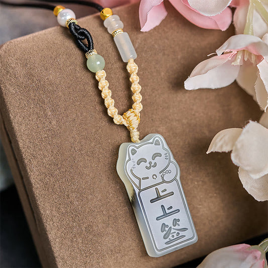 Buddha Stones Natural Xiuyan Jade Cat Rope Necklace Pendant