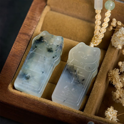 Buddha Stones Natural Xiuyan Jade Cat Rope Necklace Pendant