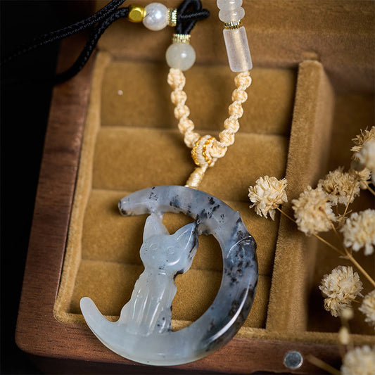 Buddha Stones Natural Xiuyan Jade Crescent Moon Cat Balance Necklace Pendant