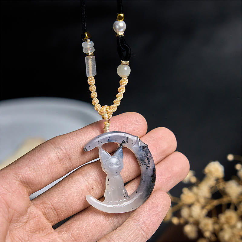 Buddha Stones Natural Xiuyan Jade Crescent Moon Cat Balance Necklace Pendant