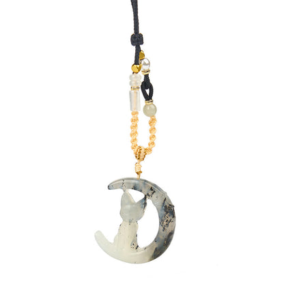 Buddha Stones Natural Xiuyan Jade Crescent Moon Cat Balance Necklace Pendant
