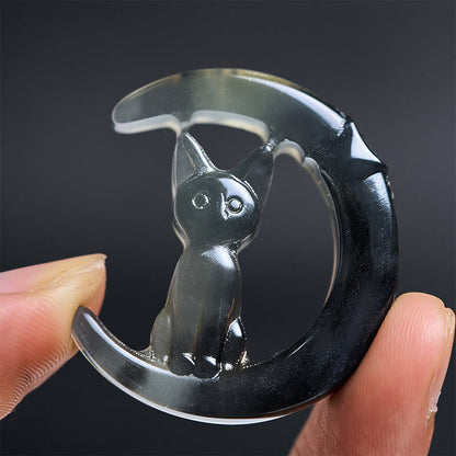 Buddha Stones Natural Xiuyan Jade Crescent Moon Cat Balance Necklace Pendant