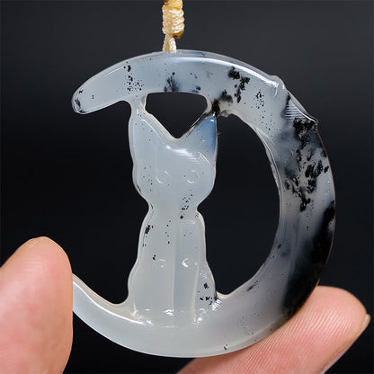 Buddha Stones Natural Xiuyan Jade Crescent Moon Cat Balance Necklace Pendant