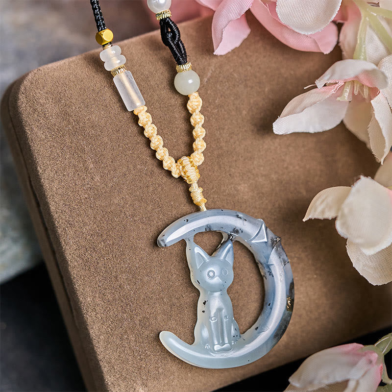 Buddha Stones Natural Xiuyan Jade Crescent Moon Cat Balance Necklace Pendant