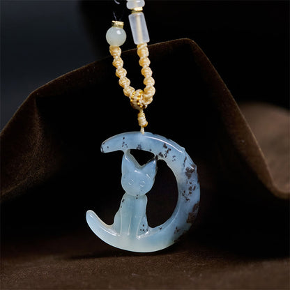 Buddha Stones Natural Xiuyan Jade Crescent Moon Cat Balance Necklace Pendant