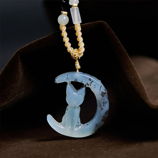 Buddha Stones Natural Xiuyan Jade Crescent Moon Cat Balance Necklace Pendant
