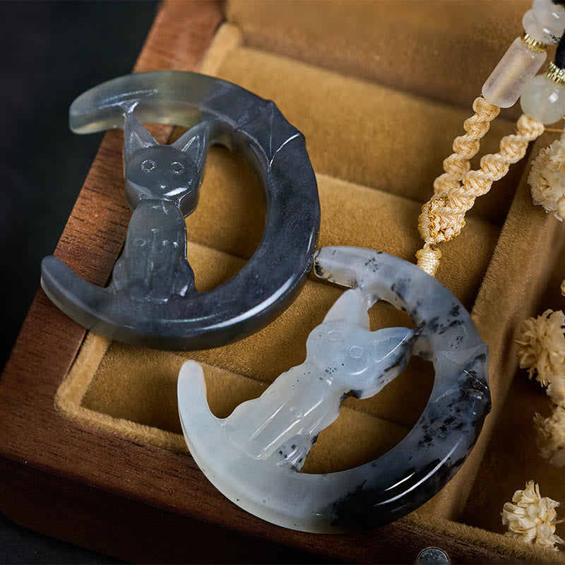Buddha Stones Natural Xiuyan Jade Crescent Moon Cat Balance Necklace Pendant