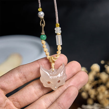 Buddha Stones Fox Mask White Agate Protection Necklace Pendant