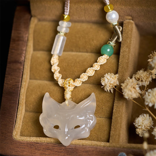 Buddha Stones Fox Mask White Agate Protection Necklace Pendant