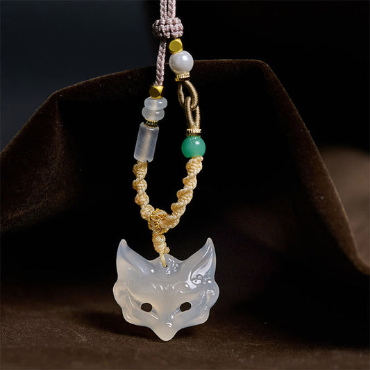 Buddha Stones Fox Mask White Agate Protection Necklace Pendant