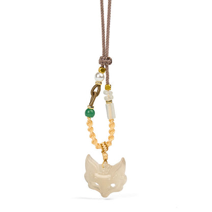 Buddha Stones Fox Mask White Agate Protection Necklace Pendant
