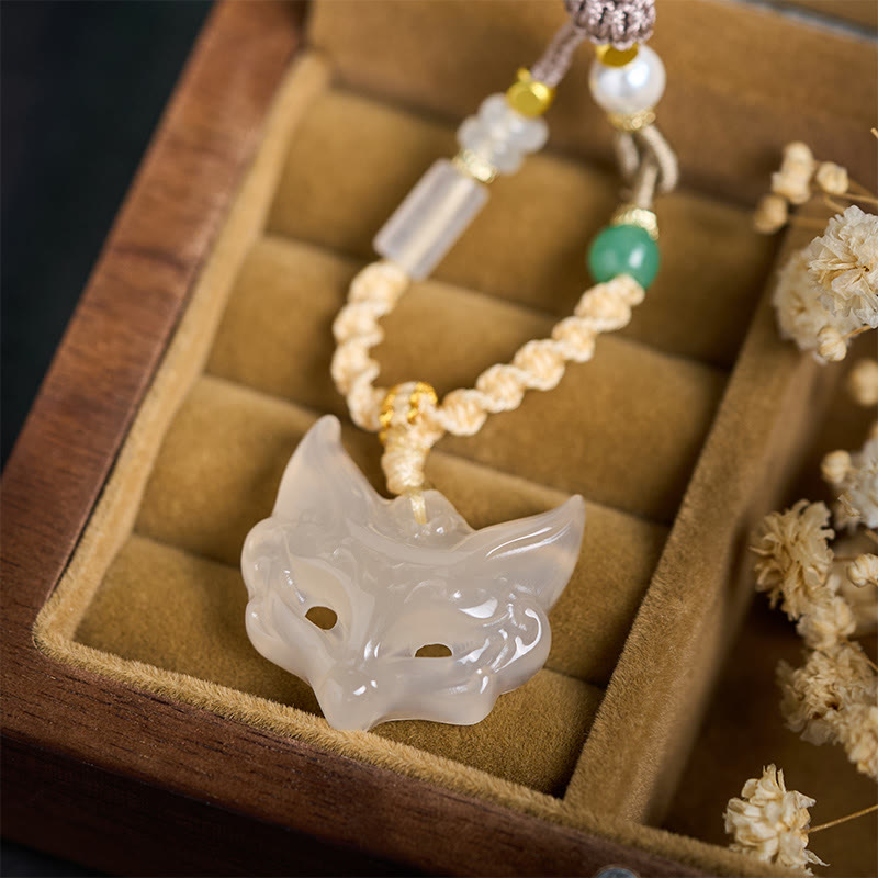 Buddha Stones Fox Mask White Agate Protection Necklace Pendant