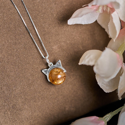 Buddha Stones 925 Sterling Silver Natural Inclusion Quartz Yellow Flower Quartz Cat Wealth Necklace Pendant