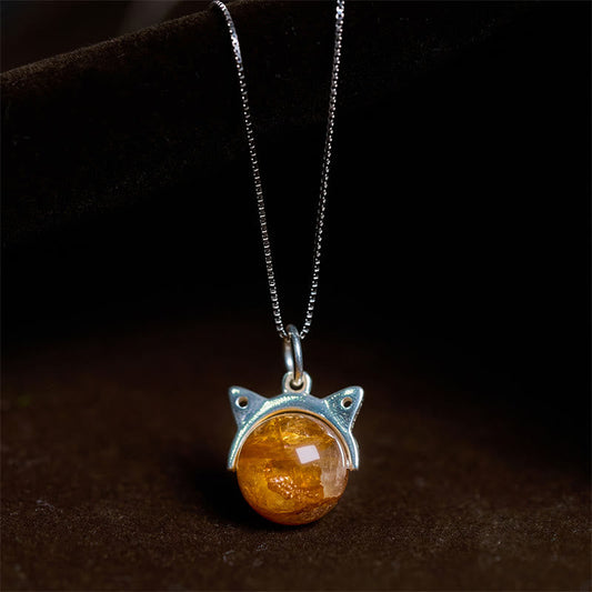 Buddha Stones 925 Sterling Silver Natural Inclusion Quartz Yellow Flower Quartz Cat Wealth Necklace Pendant