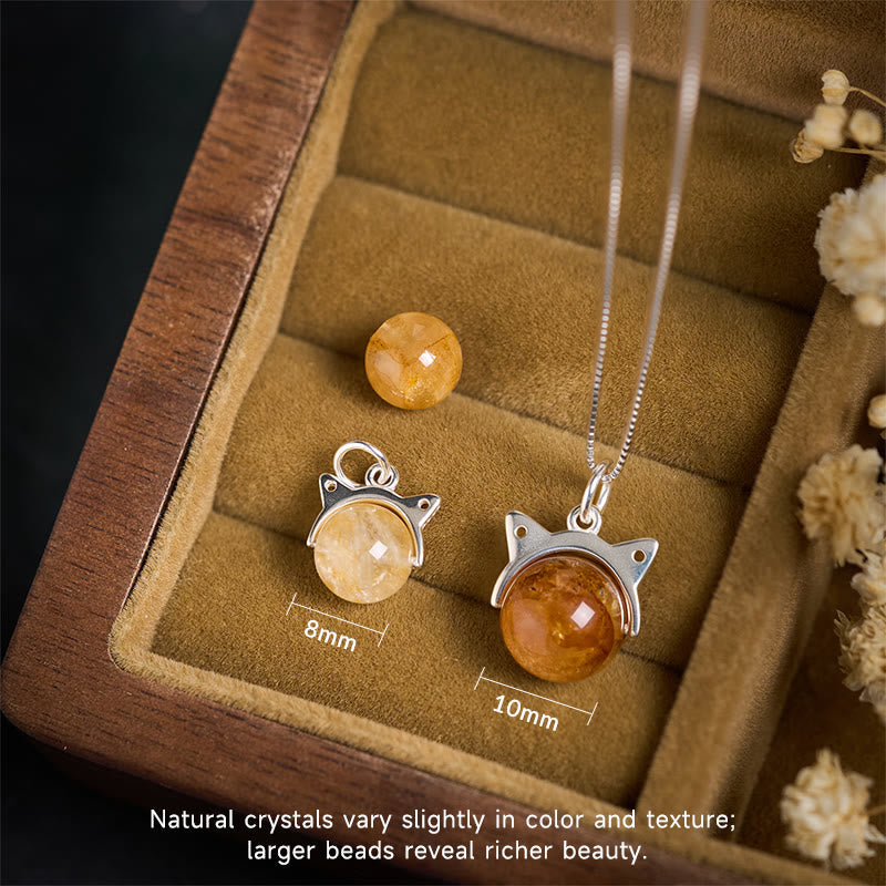 Buddha Stones 925 Sterling Silver Natural Inclusion Quartz Yellow Flower Quartz Cat Wealth Necklace Pendant