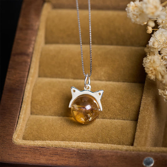 Buddha Stones 925 Sterling Silver Natural Citrine Cat Prosperity Necklace Pendant