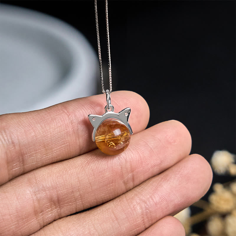 Buddha Stones 925 Sterling Silver Natural Citrine Cat Prosperity Necklace Pendant